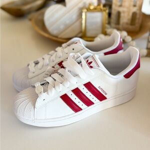Adidas White and Red Superstar Sneakers
